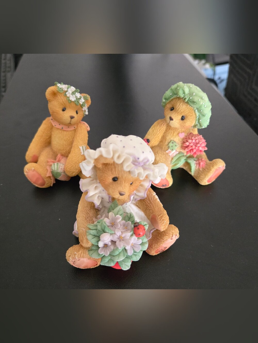 Cherished Teddies Pastel Floral Bear Trio - White, Green, Pink Accents